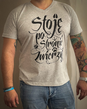 T-shirt V-neck szary Stoję po stronie zwierząt